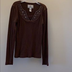 Gap Kids Brown Embellished V-Neck Long Sleeve Top Size M